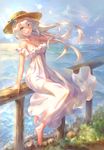  barefoot bird blue_eyes breasts cleavage commentary_request day dress eyebrows_visible_through_hair fate/grand_order fate_(series) floating_hair foot_dangle full_body hand_on_headwear hat highres horizon light_particles long_dress long_hair looking_at_viewer marie_antoinette_(fate/grand_order) marie_antoinette_(swimsuit_caster)_(fate) medium_breasts ocean on_railing open_mouth outdoors railing seagull silver_hair sitting sky solo sun_hat sundress sunlight water white_dress wind yahiro_(666131415) 