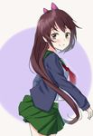  back bangs blush brown_eyes brown_hair commentary_request dated eyebrows_visible_through_hair green_skirt hair_ribbon jacket kangoku_kou kantai_collection kisaragi_(kantai_collection) long_hair long_sleeves looking_to_the_side neckerchief red_neckwear remodel_(kantai_collection) ribbon sailor_collar school_uniform serafuku simple_background skirt smile solo twitter_username 