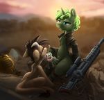  2017 ambiguous_gender animal_genitalia animal_penis assault_rifle balls black_hair blurred_background boots chest_tuft clothing coat duo equine equine_penis erection eto_ya fallout_equestria fan_character fellatio footwear fur green_hair gun hair half-closed_eyes hi_res horn long_tongue looking_pleasured male male/ambiguous mammal my_little_pony open_mouth oral outside penis ranged_weapon red_eyes rifle saliva scope sex short_hair sitting teal_eyes tongue tongue_out tuft unicorn wasteland weapon 