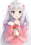  blue_eyes blush bow eromanga_sensei food gradient gradient_background hair_bow hoshiineko izumi_sagiri long_hair looking_at_viewer open_mouth pajamas pink_bow pocky silver_hair solo 