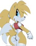  2017 2_tails bangs black_nose blue_eyes butt canine clothed clothing crossgender dipstick_tial eyelashes female fluffy fluffy_tail fox fur gloves legwear leotard looking_back mammal miles_prower multi_tail multicolored_tail ponytail rear_view shirt solo sonic_(series) tank_top thigh_highs xylas yellow_fur 