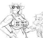  anthro big_breasts black_and_white bovine breasts canine cattle clothing ear_piercing english_text eyewear female glasses hladilnik horn male mammal money monochrome nipple_bulge piercing shirt sweat text the_laughing_cow tongue tongue_out 