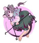  animal animal_ears capelet commentary dowsing_rod dress full_body green_dress grey_hair jewelry monster_girl mouse mouse_ears mouse_tail nazrin pendant purple_eyes rii_abrego solo tail touhou 