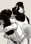  2017 anthro ape biceps blush canine clothed clothing digital_media_(artwork) dog duo eyebrows eyes_closed fully_clothed gorilla grey_background greyscale hi_res hug larger_anthro larger_male male male/male mammal monochrome muscular muscular_male otukimi0808 pants primate shirt simple_background size_difference smaller_anthro smaller_male smile standing sweat sweatdrop sweater tank_top 