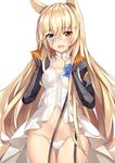  animal_ears ass_visible_through_thighs babydoll bangs blonde_hair blue_eyes blush commentary cowboy_shot eyebrows_visible_through_hair fang g41_(girls_frontline) girls_frontline hair_between_eyes hands_up heterochromia highres long_hair looking_at_viewer mechanical_arms navel open_mouth panties red_eyes simple_background smile solo thigh_gap thighs underwear very_long_hair white_background white_panties yukinoshita_(shaonjishi) 