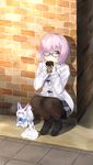  7_calpis_7 :o against_wall alternate_costume ankle_boots bag black-framed_eyewear black_footwear black_legwear blush boots brick_wall capelet coffee_cup creature cup day disposable_cup duffel_coat fate/grand_order fate_(series) fou_(fate/grand_order) glasses grey_skirt hair_over_one_eye highres holding holding_cup legs_together long_sleeves mash_kyrielight outdoors pantyhose parted_lips pink_hair plaid plaid_skirt purple_eyes shopping_bag short_hair signature sitting skirt squatting steam tareme white_coat 