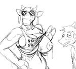  anthro big_breasts black_and_white bovine breasts canine cattle clothing ear_piercing eyewear female glasses hladilnik horn lactating male mammal monochrome nipple_bulge one_breast_out piercing shirt sweat the_laughing_cow tongue tongue_out 