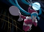  1girl 2018 ;) aqua_eyes aqua_hair christmas commentary detached_sleeves dress english_commentary finger_to_mouth flying full_moon hat hatsune_miku lilirulu long_hair miniskirt moon one_eye_closed red_dress red_legwear red_sleeves sack santa_costume santa_hat shushing skirt smile solo thighhighs twintails very_long_hair vocaloid 