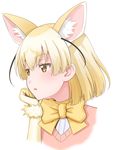  animal_ears blonde_hair bow bowtie brown_eyes commentary extra_ears eyebrows_visible_through_hair fennec_(kemono_friends) fox_ears fur_trim gloves hand_on_own_chin kemono_friends looking_to_the_side pink_sweater short_hair simple_background solo sweater takatsuki_nao white_background yellow_gloves yellow_neckwear 