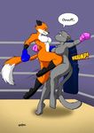  anthro athletic black_nose blue_eyes boxing boxing_gloves breasts breath canine cat chest_tuft clenched_teeth dipstick_tail domination drawing-4ever duo ears_down emily_cat_(character) eyebrows eyelashes featureless_breasts feet feline female female/female fight fighting_ring fox fur green_eyes grey_fur grin half-closed_eyes inner_ear_fluff interspecies kick kickboxing mammal markings motion_lines multicolored_tail nude orange_fur ouch pink_nose ruby_vixen_(character) signature smile smirk sound_effects sport surprise teeth tuft wendel2 