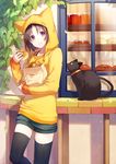  :t animal_hood asahikawa_hiyori black_cat black_eyes black_hair black_legwear blush bread cat cat_hood closed_mouth commentary_request cowboy_shot eating food hood long_sleeves looking_at_viewer original shirt short_hair shorts smile solo thighhighs yellow_shirt 