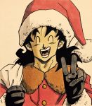  1boy :d ^_^ bag black_gloves black_hair close-up closed_eyes dragon_ball eyes_closed face gloves happy hat highres lee_(dragon_garou) long_hair male_focus open_mouth santa_costume santa_hat shaded_face simple_background smile spiked_hair upper_body v yamcha 
