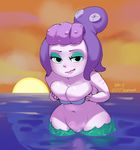  2017 big_breasts bikupan blue_eyes breasts cala_maria cephalopod cleavage clothed clothing cuphead_(game) female marine merfolk octopus smile solo sunset tentacle_hair tentacles water 