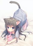  ahoge all_fours animal_ears bangs bed_sheet biting black_hair blue_eyes blush breasts cat_ears cat_girl cat_tail commentary_request downblouse ear_biting eyebrows_visible_through_hair full_body grey_shirt hair_between_eyes kuu_(mani) long_hair looking_at_viewer no_pants no_shoes original shirt short_sleeves small_breasts solo striped striped_legwear stuffed_animal stuffed_bunny stuffed_toy tail tail_raised thighhighs usashiro_mani 
