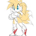  2017 2_tails bangs big_breasts black_nose blue_eyes boots breasts canine clothed clothing crossgender dipstick_tail eyelashes female fluffy fluffy_tail footwear fox fur holding_breast legwear leotard mammal miles_prower multi_tail multicolored_tail nipple_bulge open_mouth ponytail simple_background solo sonic_(series) surprise thigh_highs xylas yellow_fur 