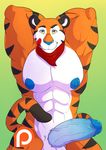  2017 abs anthro biceps big_penis black_fur blue_eyes blue_nipples blue_nose blue_penis clothed clothing digital_drawing_(artwork) digital_media_(artwork) dipstick_tail erection feline frosted_flakes fur green_background hi_res humanoid_penis kellogg&#039;s licking licking_lips looking_at_viewer male mammal mascot mostly_nude multicolored_fur multicolored_tail muscular muscular_male neckerchief nipples orange_fur patreon pecs penis shadowpelt simple_background skimpy smile solo striped_fur striped_tail stripes tiger tongue tongue_out tony_the_tiger vein veiny_penis white_fur 