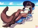  anthro barefoot beach beckoning bikini biting_lip breast_slip breasts clothed clothing eyewear feline female hair kera lips long_hair looking_at_viewer mammal mature_female nipples one_breast_out outside pumpkinsinclair seaside side-tie_bikini snout solo sun_hat sunglasses swimsuit 