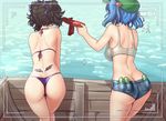  ass back back_tattoo bare_legs bare_shoulders bikini black_hair blue_hair boat breasts butt_crack commentary cucumber day dimples_of_venus double_bun facing_away from_behind geta green_hat hair_bobbles hair_ornament hat hater_(hatater) highres himekaidou_hatate kawashiro_nitori medium_breasts multiple_girls outdoors pocket purple_bikini short_hair short_shorts shorts shoulder_blades summer swimsuit tank_top tattoo tengu-geta thigh_gap thighs thong_bikini touhou tramp_stamp two_side_up viewfinder water watercraft wet 