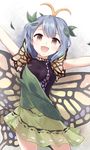  :d antennae blue_hair blush breasts brown_eyes butterfly_wings commentary contrapposto cowboy_shot dress ears eternity_larva green_dress hair_ornament leaf leaf_hair_ornament looking_at_viewer medium_breasts minust open_mouth outstretched_arms see-through short_hair short_sleeves smile solo standing tareme touhou white_background wings yellow_wings 