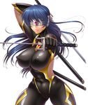  blue_hair bodysuit breasts commentary covered_navel covered_nipples dual_wielding gloves highres holding holding_weapon impossible_bodysuit impossible_clothes katana large_breasts lips long_hair sheath simple_background skin_tight smile solo sword taimanin_(series) taimanin_asagi_kessen_arena visor weapon white_background zol 