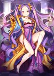  bow breasts chinese_clothes cleavage fate/grand_order fate_(series) hanfu highres ikomochi long_hair long_sleeves looking_at_viewer pelvic_curtain purple_eyes purple_hair shawl small_breasts smile solo twintails very_long_hair wu_zetian_(fate/grand_order) 