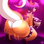  anthro big_breasts big_butt black_nose bouncing_breasts breasts butt canine clothed clothing collar dragon female fox fur fyxe fyxefox hair huge_breasts huge_butt interstellar_demon_stripper long_hair looking_at_viewer looking_back mammal orange_fur purple_eyes purple_hair rear_view red_hair rick_and_morty shaking_butt side_boob smile solo spiked_collar spikes thick_thighs voluptuous wide_hips 