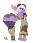  2017 ass_up bent_over big_butt breasts butt clothed clothing digital_media_(artwork) eyewear female footwear gloves goggles goggles_on_head gun hair huge_butt humanoid league_of_legends leaning legwear looking_back midriff not_furry presenting purple_skin ranged_weapon rear_view riot_games short_stack simple_background small_breasts smile solo tangobat thick_thighs tiptoes tristana_(lol) video_games weapon white_background white_hair wide_hips yellow_eyes yordle 