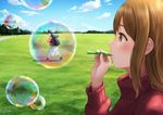  :d backpack bag bangs blue_hair blue_sky blunt_bangs blush brown_eyes brown_hair cloud day face field forced_perspective full_body grass holding kunikida_hanamaru long_hair long_skirt long_sleeves looking_at_viewer love_live! love_live!_sunshine!! multiple_girls open_mouth outdoors outstretched_arms papi_(papiron100) pose profile red_footwear red_sweater shoes signature skirt sky smile sweater tareme tsushima_yoshiko turtleneck turtleneck_sweater upper_body white_skirt 