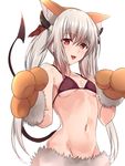  :3 :d adebana_sacrament bangs bikini bikini_top blush breasts brown_bikini brown_hair commentary_request demon_horns demon_tail eyebrows_visible_through_hair gradient_hair grey_hair groin hair_between_eyes hands_up horns long_hair looking_at_viewer multicolored_hair navel nia_(adebana_sacrament) open_mouth original paw_pose paws red_eyes sidelocks simple_background small_breasts smile solo swimsuit tai_(nazutai) tail twintails underboob upper_body white_background 