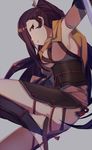  aoki_shizumi armor armpits breasts brown_eyes brown_hair fire_emblem fire_emblem_if grey_background hair_over_one_eye kagerou_(fire_emblem_if) long_hair looking_at_viewer medium_breasts ninja ponytail sandals scarf solo yellow_scarf 