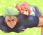  blush dark_skin dark_skinned_male earrings exercise green_background green_hair groping heart jewelry king_of_prism_by_prettyrhythm looking_at_another looking_down male_focus multiple_boys patterned_background pectorals pink_eyes pink_hair pretty_rhythm purple_eyes push-ups saionji_reo skin_tight toroi_(run01211) yamato_alexander yaoi 