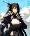  black_gloves black_hair blue_sky cloud coat commentary_request day dot_triangle elbow_gloves fingerless_gloves gloves headgear high_collar kantai_collection long_hair looking_at_viewer looking_to_the_side nagato_(kantai_collection) red_eyes remodel_(kantai_collection) sketch sky solo upper_body very_long_hair ye_fan 