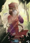  braid brown_hair bucket carrying chinese_clothes forest green_eyes hat highres jiangshi jjeono light_rays long_hair long_sleeves looking_at_viewer munak nature ofuda outdoors ragnarok_online single_braid smile solo very_long_hair water 