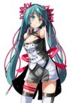  :3 absurdres aqua_eyes aqua_hair arms_behind_back bare_shoulders blush breasts character_name cleavage cleavage_cutout closed_mouth contrapposto cowboy_shot double-breasted elbow_gloves eyebrows_visible_through_hair gloves glowing grey_shorts grey_vest hair_ribbon hatsune_miku head_tilt highres long_hair looking_at_viewer nijigen_dream_fever_(vocaloid) pink_ribbon project_diva_(series) project_diva_f_2nd ribbon shorts simple_background small_breasts solo standing tareme tattoo thigh_strap thighhighs tsukishiro_saika twintails very_long_hair vest vocaloid white_background 