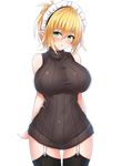  ass_visible_through_thighs backlighting bangs black_legwear black_sweater blonde_hair blush breasts commentary_request elf etan14 eyebrows_visible_through_hair garter_straps green_eyes hair_between_eyes highres large_breasts looking_at_viewer maid_(etan14) maid_headdress original parted_lips pointy_ears ponytail side_ponytail sidelocks simple_background solo sweater thigh_gap thighhighs thighs tsurime white_background 