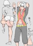  adonis_belt ass barefoot boxer_briefs bubble_pop_sdk character_sheet feet grey_background idolmaster idolmaster_side-m jacket kizaki_ren male_focus male_underwear midriff multiple_views pants ponytail removing_sock silver_hair simple_background stretch sweatpants underwear undressing wristband yellow_eyes 