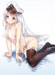 arm_support azur_lane black_legwear breasts buckle cathayan collarbone enterprise_(azur_lane) hat large_breasts long_hair looking_at_viewer navel peaked_cap purple_eyes solo swimsuit thigh_strap thighhighs very_long_hair white_hair 