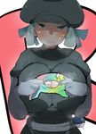  &gt;:( black_hat blush breasts breath cabbie_hat cleavage clothes_writing commentary_request gerumaga gloves great_ball green_hair grey_gloves hat highres huge_breasts looking_at_viewer paizuri_invitation poke_ball pokemon pokemon_(game) pokemon_usum ripping shirt sketch solo sweatdrop team_rainbow_rocket_grunt team_rainbow_rocket_uniform tearing_clothes torn_clothes torn_shirt v-shaped_eyebrows waist_poke_ball 