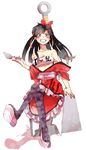  1girl 210 alternate_costume bandage bangs bare_shoulders black_hair blue_eyes blush bow breasts cleavage collarbone grin japanese_clothes kimono kuonji_ukyou long_hair looking_at_viewer medium_breasts open_mouth pantyhose ranma_1/2 red_bow sandals sash sitting smile spatula teeth 