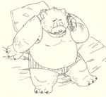 2015 3_toes 4_fingers anthro bear bed belly boxers_(clothing) cellphone claws clothed clothing fully_clothed garouzuki high-angle_view male mammal on_bed overweight pattern_clothing phone shirt sitting slightly_chubby solo striped_clothing striped_underwear tank_top toes underwear 