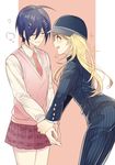  1girl :d akamatsu_kaede akamatsu_kaede_(cosplay) baseball_cap black_hat black_pants blonde_hair blue_hair blush closed_eyes closed_mouth collared_shirt cosplay cowboy_shot crossdressing danganronpa embarrassed hair_between_eyes hanbee_(higawari_k) hat holding_hands leaning_forward long_hair long_sleeves miniskirt musical_note musical_note_hair_ornament musical_note_print necktie new_danganronpa_v3 open_mouth pants parted_lips pink_background pleated_skirt profile purple_eyes purple_skirt red_neckwear saihara_shuuichi saihara_shuuichi_(cosplay) school_uniform shirt sideways_hat skirt smile sparkle standing striped sweat sweater_vest two-tone_background vertical-striped_pants vertical_stripes white_shirt wing_collar 