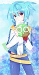  bad_id bad_pixiv_id belt blue_eyes blue_hair blush eyebrows_visible_through_hair flower heterochromia highres long_sleeves looking_at_viewer male_focus parted_lips puyopuyo red_eyes rento_(rukeai) sig_(puyopuyo) solo 