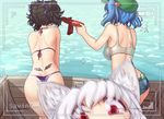  animal_ears ass back back_tattoo bare_legs bare_shoulders bikini black_hair blue_hair commentary cucumber day double_bun english_commentary facing_away from_behind geta green_hat hair_bobbles hair_ornament hat hater_(hatater) highres himekaidou_hatate inubashiri_momiji kawashiro_nitori kotori_photobomb multiple_girls outdoors photobomb pocket purple_bikini short_hair summer swimsuit tank_top tattoo tengu-geta thigh_gap thong_bikini touhou tramp_stamp two_side_up viewfinder water wet wolf_ears 