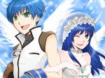  1boy 1girl alternate_costume angel_wings artist_request bare_shoulders blue_hair breasts bridal_veil couple dress elbow_gloves fayt_leingod gloves green_eyes long_hair looking_at_viewer maria_traydor one_eye_closed open_mouth shiny shiny_hair shiny_skin shirt short_hair smile star_ocean star_ocean_anamnesis star_ocean_till_the_end_of_time veil wedding_dress white_dress wings wink 