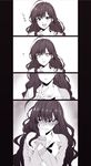  4koma :d ahoge bangs black_neckwear blush bow bowtie breasts cardigan collarbone collared_shirt comic commentary_request covered_mouth dress_shirt ear_blush earrings embarrassed eyebrows_visible_through_hair fingernails hagane_soushi hand_on_own_cheek hand_on_own_face highres ichinose_shiki idolmaster idolmaster_cinderella_girls jewelry long_fingernails long_hair long_sleeves looking_at_viewer medium_breasts monochrome nose_blush off_shoulder open_mouth school_uniform shirt sleeves_past_wrists smile upper_body white_shirt wing_collar 