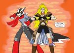  action_pose bast_(dreamkeepers) blonde_hair canine clothed clothing dreamkeepers duo female hair human male mammal midriff navel rwby shorts theravensbastard39 yang_xiao_long 