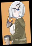  absurdres alternate_costume black_gloves blue_eyes breasts coffee_cup collared_shirt cup disposable_cup eating food gloves green_jacket hair_ornament hair_over_one_eye hairclip hamakaze_(kantai_collection) highres holding holding_cup holding_food hood hood_down jacket kantai_collection kirishina_(raindrop-050928) large_breasts looking_at_viewer shirt short_hair silver_hair solo sweet_potato upper_body wavy_mouth 