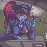  2018 anthro arm_support badge breasts car cleavage clothed clothing delta_rune deltarune ear_fins female fin fish hair handcuffs hat leaning_on_elbow looking_at_viewer marine open_mouth open_smile plagueofgripes police_badge police_uniform red_hair shackles smile undertale undyne uniform vehicle video_games window yellow_sclera 