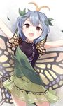  :d antennae blue_hair blush breasts brown_eyes butterfly_wings commentary contrapposto cowboy_shot dress eternity_larva green_dress hair_ornament leaf leaf_hair_ornament looking_at_viewer medium_breasts minust open_mouth outstretched_arms see-through short_hair short_sleeves smile solo standing tareme touhou white_background wings yellow_wings 