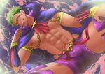  abs alternate_costume biting bulge dark_skin dark_skinned_male dutch_angle fingernails green_hair hand_on_own_thigh king_of_prism_by_prettyrhythm looking_at_viewer male_focus orange_eyes pretty_rhythm purple_eyes sharp_fingernails shirtless smile solo spread_legs toroi_(run01211) yamato_alexander 